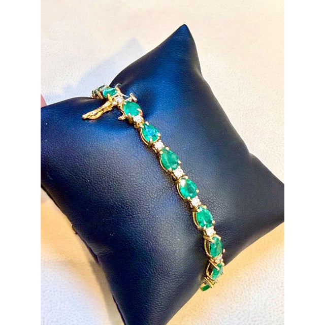 Metal 13 Carat Natural Zambian Emerald & Diamond Tennis Bracelet 14 Karat Yellow Gold For Sale - Image 7 of 8
