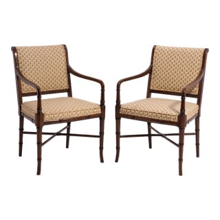 Regency Style Mahogany Bamboo Armchairs With Original Upholstery - A Pair For Sale