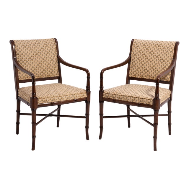 Regency Style Mahogany Bamboo Armchairs With Original Upholstery - A Pair For Sale