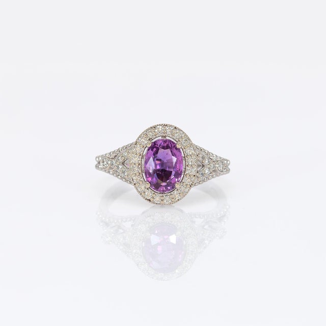 2020s 1.6Ct Purple Sapphire Ring With Natural Diamond Halo: Solid 14k Gold, Size 6.75 For Sale - Image 5 of 11