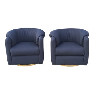 Pair of Mid Century Brass and Fabric Barrel Chairs For Sale