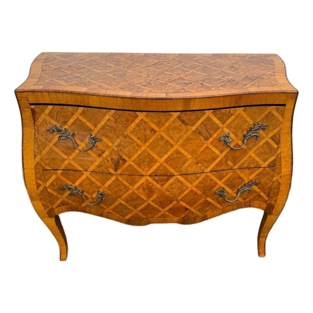 Vintage Italian Rococo Style Burl Wood Marquetry Commode With Cabriole Legs For Sale
