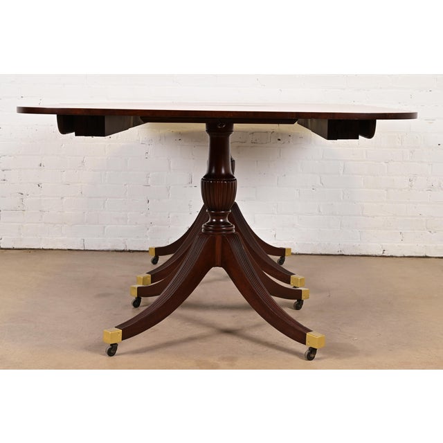 Baker Furniture Style English Georgian Banded Mahogany Double Pedestal Extension Dining Table, Newly Refinished For Sale - Image 11 of 12