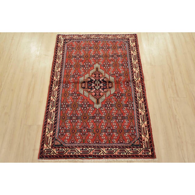 Tribal Hamedan Rug 3’5” X 4’10” Red Wool Vintage Tribal Hand-Knotted Carpet For Sale - Image 3 of 11