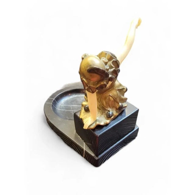 Antique French Art Deco Chryselephantine Bronze Harlequin Posing on Marble Pedestal Ashtray This exquisite French Art Deco...