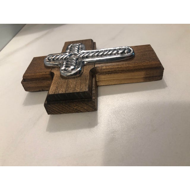 1990s Mexican Pewter on Wood Cross Wall Plaque For Sale - Image 4 of 7