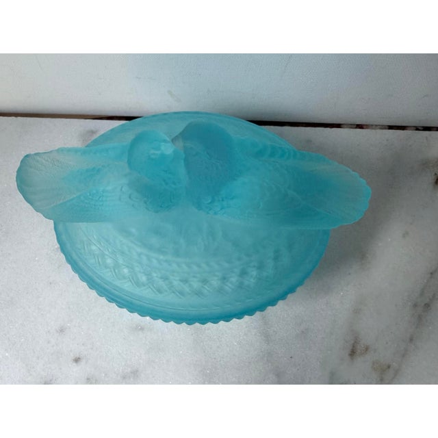 Mid-Century Modern Vintage Westmoreland Blue Satin Glass "Kissing Doves" Covered Candy Dish For Sale - Image 3 of 11