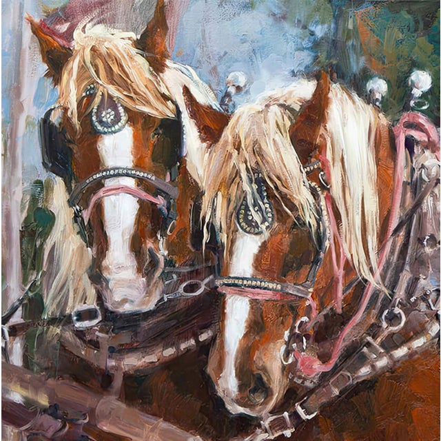 Realism Surefooted Team by Lindsey Bittner Graham | Oil on board Horses pulling a sled in a snowy landscape. For Sale - Image 3 of 4