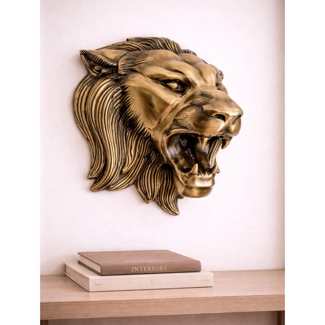 Modern Antique Brass Finish Metal Lion Head Wall Sculptures For Sale - Image 3 of 9