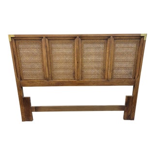 Vintage Huntley Thomasville Campaign Style Pecan and Rattan Queen Size Headboard For Sale
