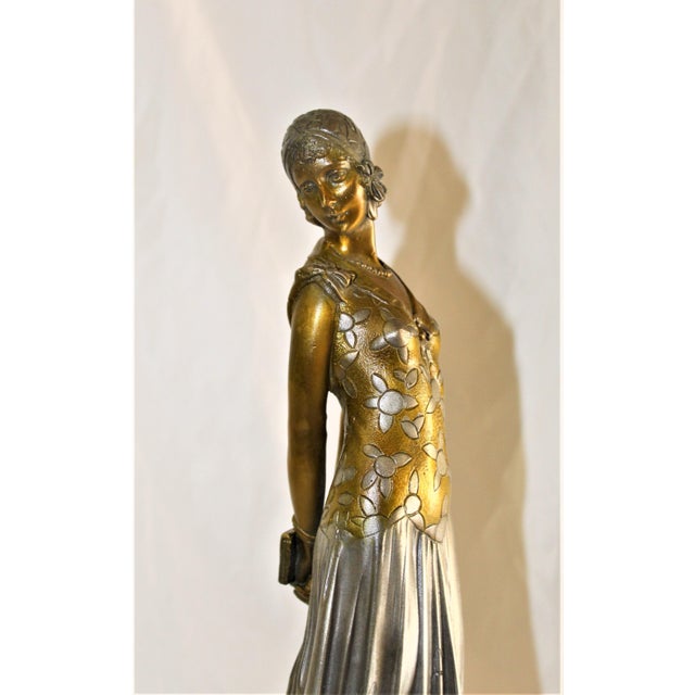1990s Art Deco Sculpture Lady the Book Lady Bronze and Marble For Sale - Image 16 of 18