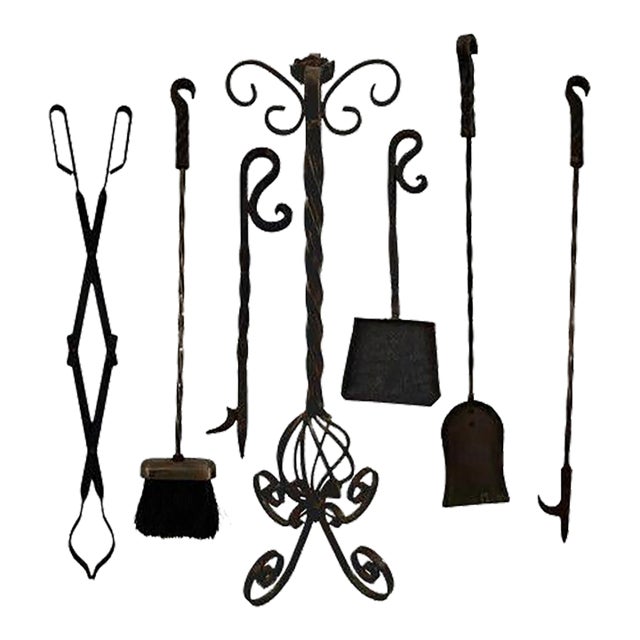 Vintage Wrought Iron Fireplace Tool Set with Stand Twisted Metal & Flower Design- 7 Pieces For Sale