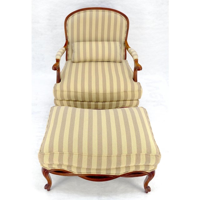 Carved Cherry Frame Stripe Upholstery Lounge Chair w/ Matching Ottoman MINT For Sale - Image 6 of 12