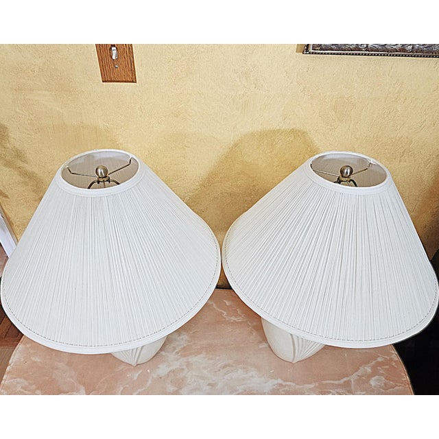 Pair of Vintage White Art Deco Ceramic Table Lamps With Pleated Shades – 27” For Sale - Image 10 of 18