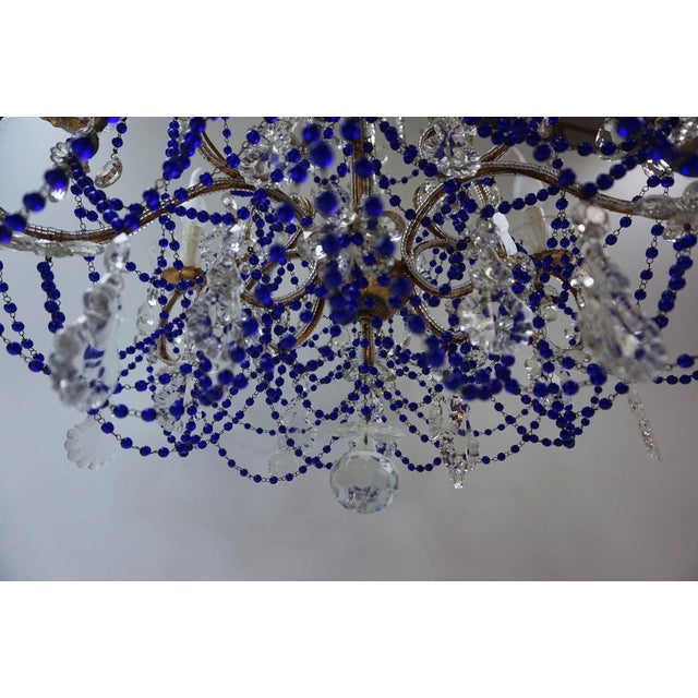 1940s Italian Chandelier with Cobalt Blue Murano Glass Beaded Strings and Crystal Flowers, 1940s For Sale - Image 5 of 18
