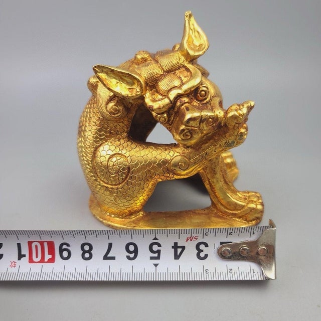 Bronze Gilt Bronze Qilin Paperweight – 3.9" Mythical Beast Sculpture With Scale Detail For Sale - Image 8 of 9