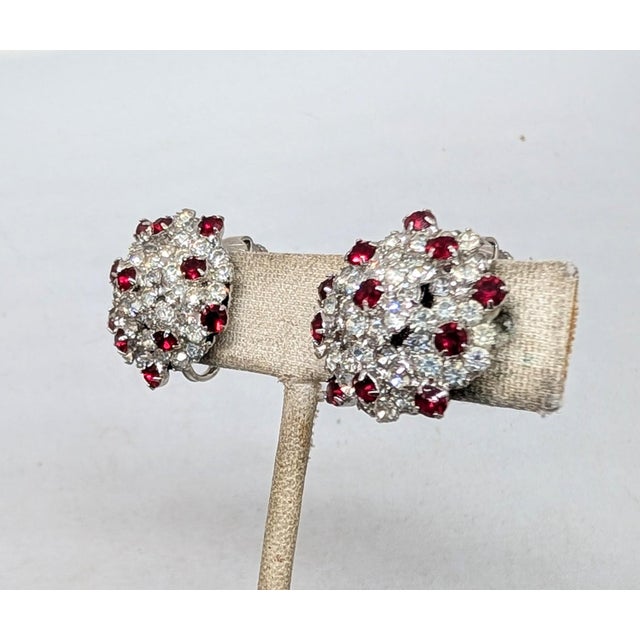 Mid-Century Modern Vintage 1960s Signed Vendome Rhodium Plated Clear & Faux-Garnet Clip Earrings-2 Pieces For Sale - Image 3 of 9