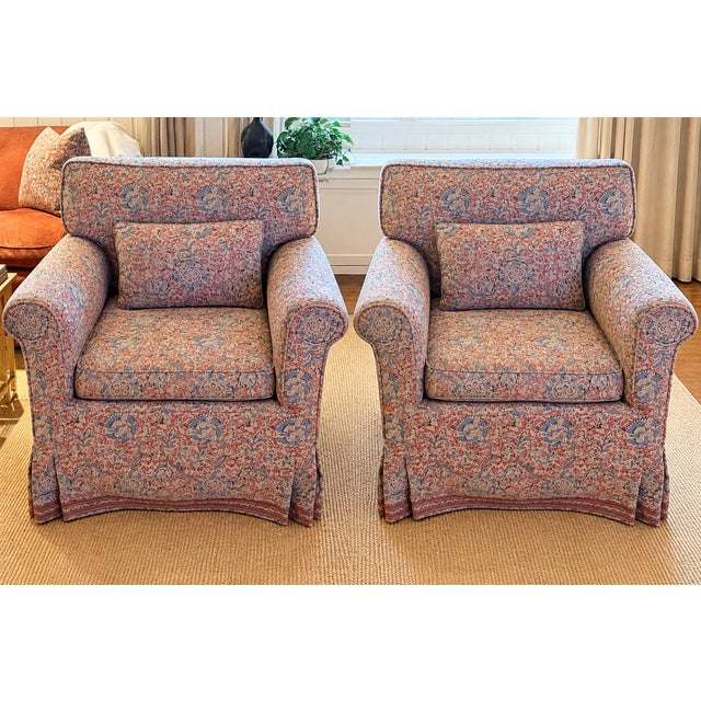 Pair of Swivel Chairs in Vintage Ralph Lauren Block Print Custom, large scale feather filled club chairs on a large wooden...