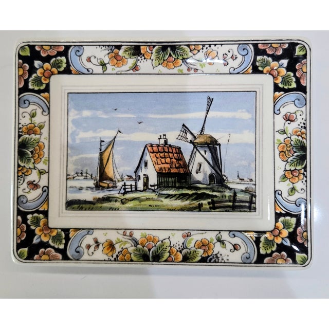Rustic European Westraven Delft Hand-Painted Dutch Landscape Plaque in Black Frame, Art 24-102 For Sale - Image 3 of 9