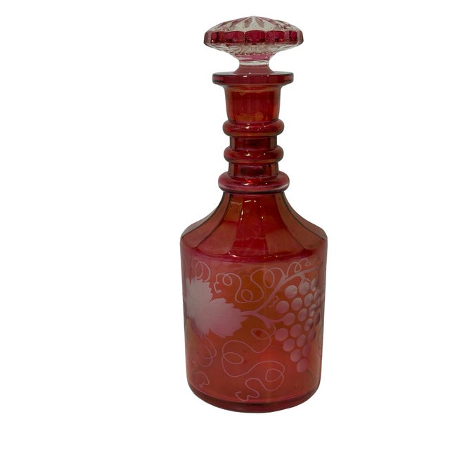 Vintage Cranberry Red Cut to Clear Etched Glass Decanter Bottle with Stopper Cut glass decanter with cut to clear grape...