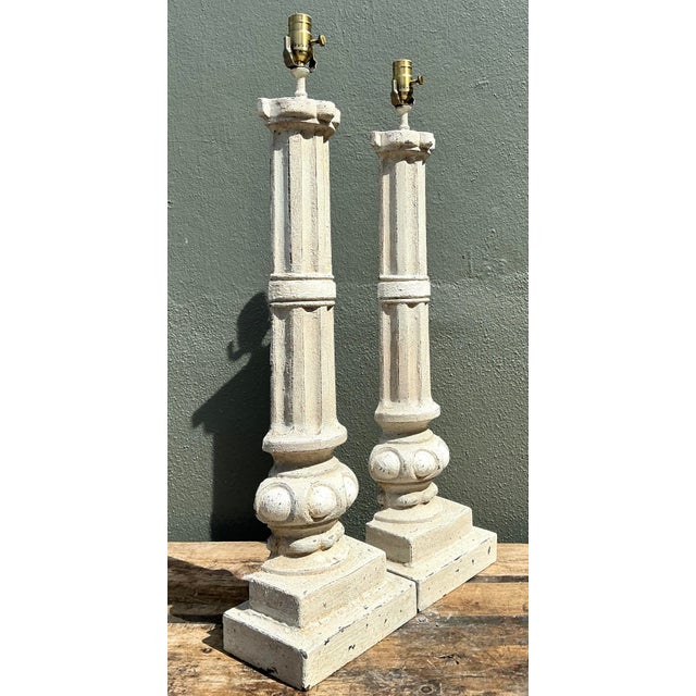 Shabby Chic Vintage Cast Iron Column Lamps - A Pair For Sale - Image 3 of 12