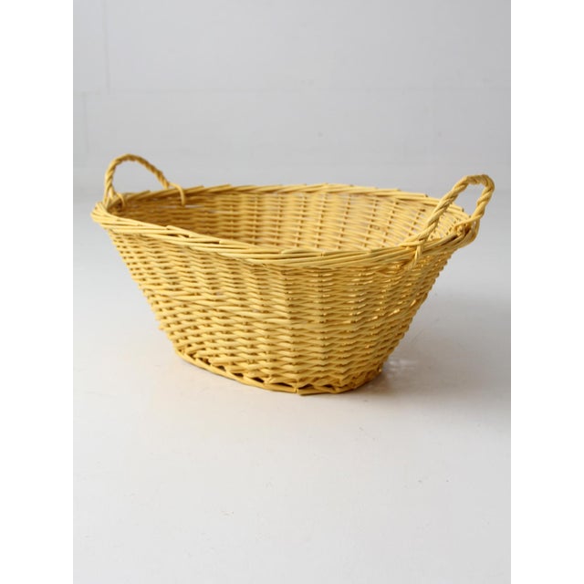 Mid 20th Century Vintage Painted Yellow Wicker Laundry Basket For Sale - Image 5 of 13