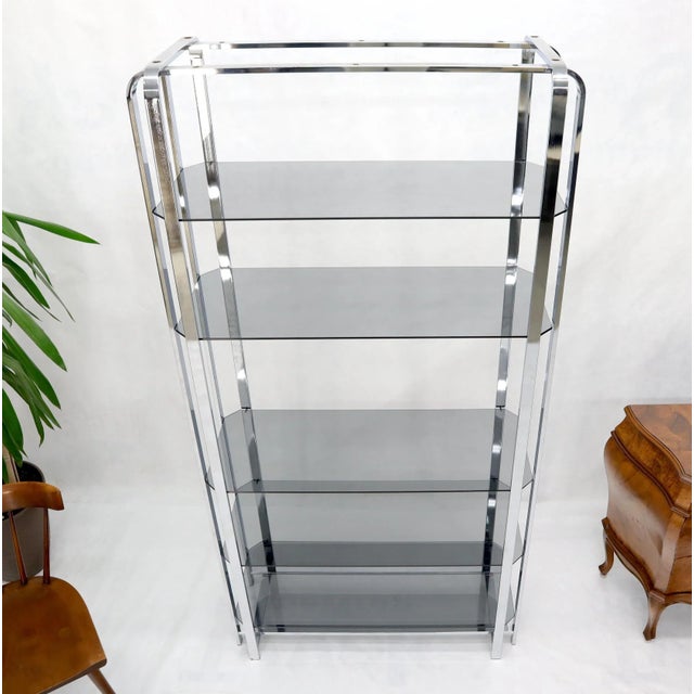 Mid 20th Century Crome and Smoked Bronze Glass Shelves Tall Display Étagère Vitrine For Sale - Image 5 of 11