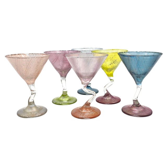 Contemporary Set of 6 Jeing Hand Blown Pastel Art Glass Martini Glasses, Mixed Sizes For Sale - Image 3 of 18