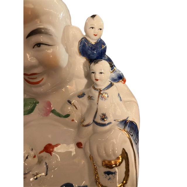 Chinese Antique Chinese Famille Rose Porcelain Fertility Buddha With Children Statue For Sale - Image 3 of 8