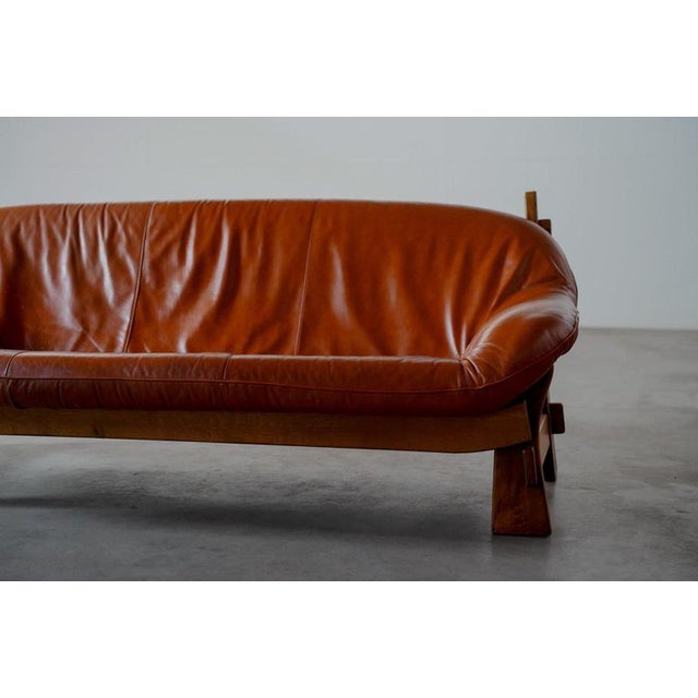 Brown Rustic Oak and Leather 3-Seater Sofa, France, 1970s For Sale - Image 8 of 12
