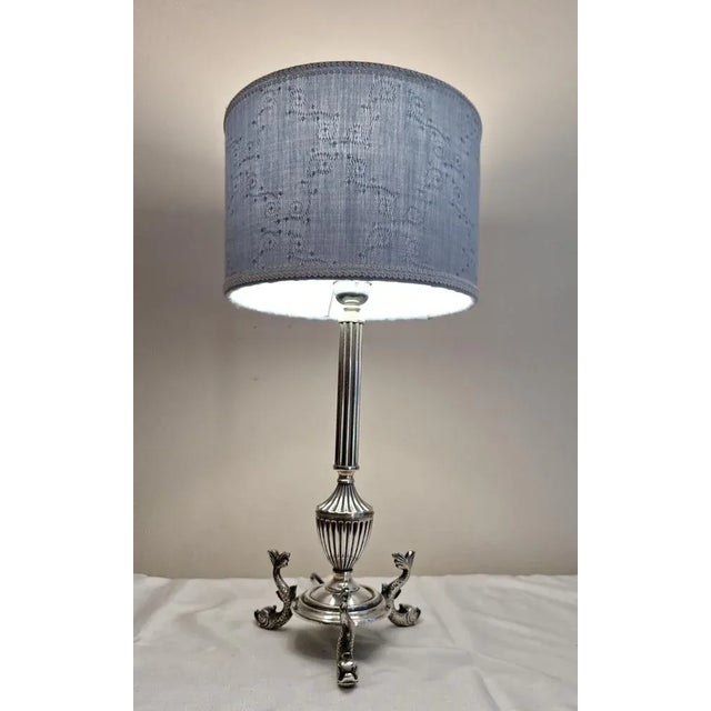 1970s Vintage Table Lamp with Figurative Silver-Plated Metal Base and Handmade Fabric Shade from Lamplove, 1970s For Sale - Image 5 of 8