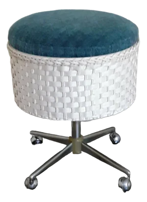 Rollable Sewing Box Stool in Blue Fabric, White Plastic Braid & Chrome, 1970s