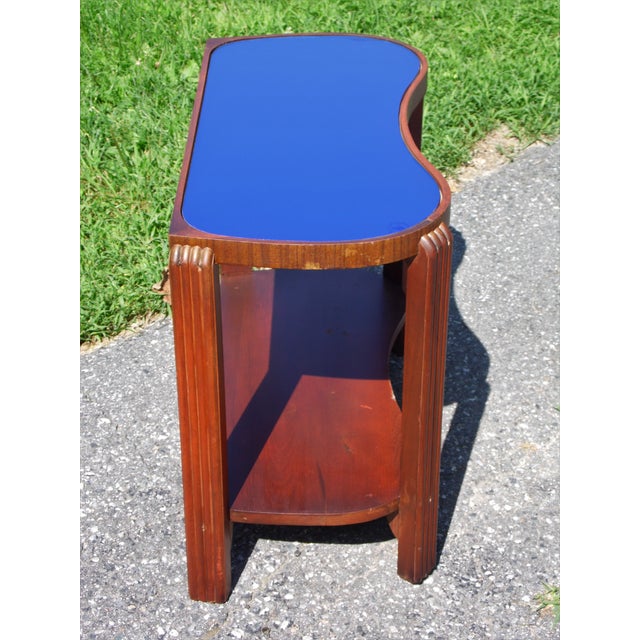 Vintage Art Deco Cobalt Blue Mirror Glass Side Table Walnut End Table