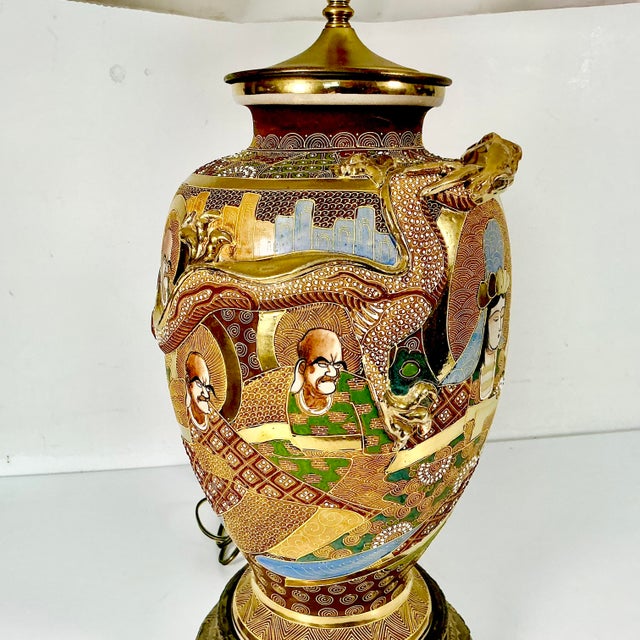 Ceramic Vintage Hand Painted Japanese Satsuma Moriage Ironstone Table Lamp With Raised Relief Dragon For Sale - Image 7 of 17