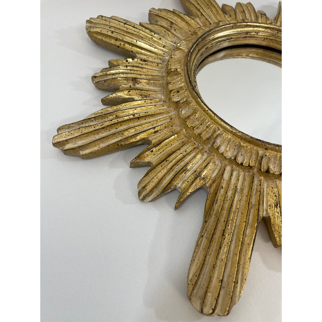 Gold Vintage 16" Gilded Sunburst Wall Mirror With Light Cream Wash For Sale - Image 8 of 15