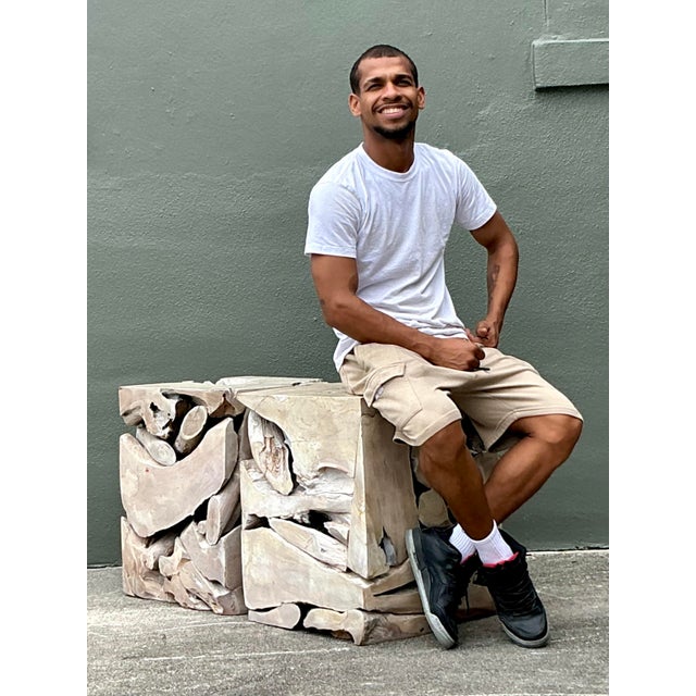 Contemporary Vintage Boho Puzzle Wood Low Stools - A Pair For Sale - Image 3 of 5