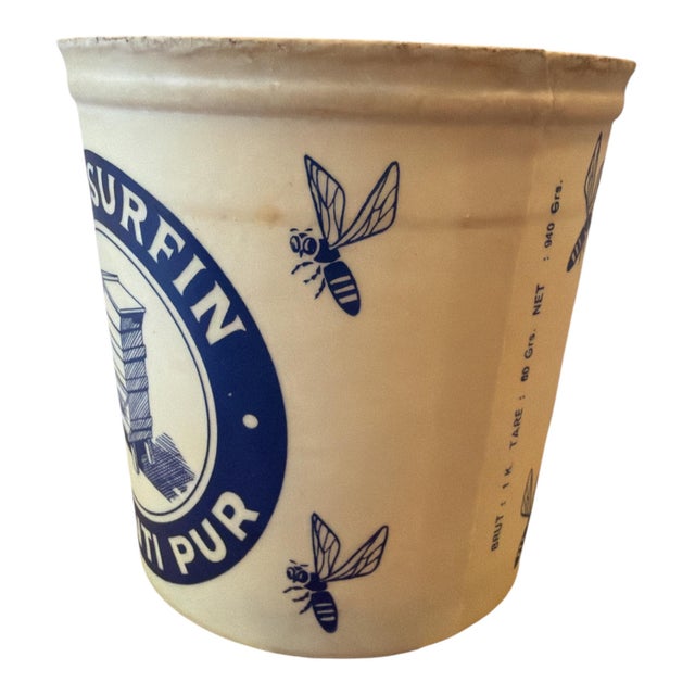Farmhouse 1970s French "Miel Surfin" Wax-Coated Honey Pots – Set of 4 – New Old Stock – Blue & Cream Beehive Containers For Sale - Image 3 of 13