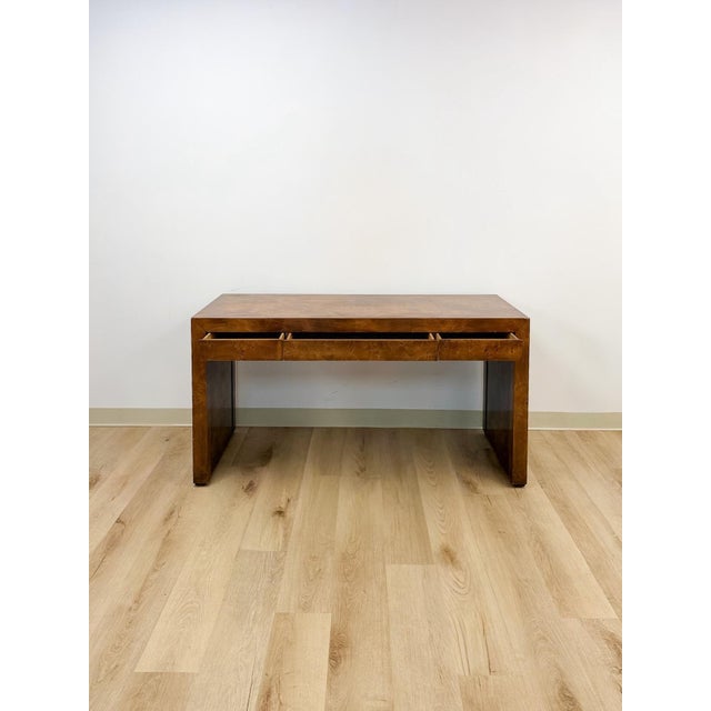Wood Rare Vintage Hekman MCM Burlwood Desk With Three Drawers Mid Century Collectable For Sale - Image 7 of 13