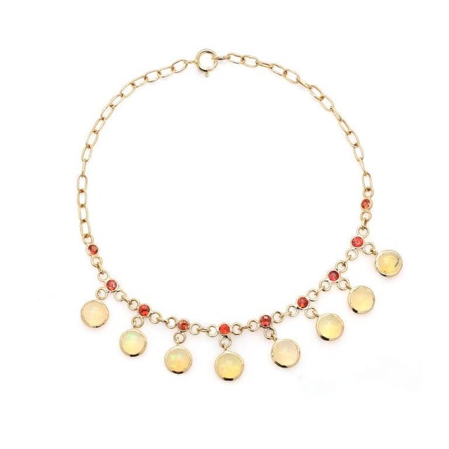 Art Deco Classy Sapphire Chain Bracelet With Dangling Opal Made in 18k Solid Yellow Gold For Sale - Image 3 of 4