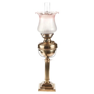 Antique Victorian Reeded Column Brass Oil Lamp For Sale