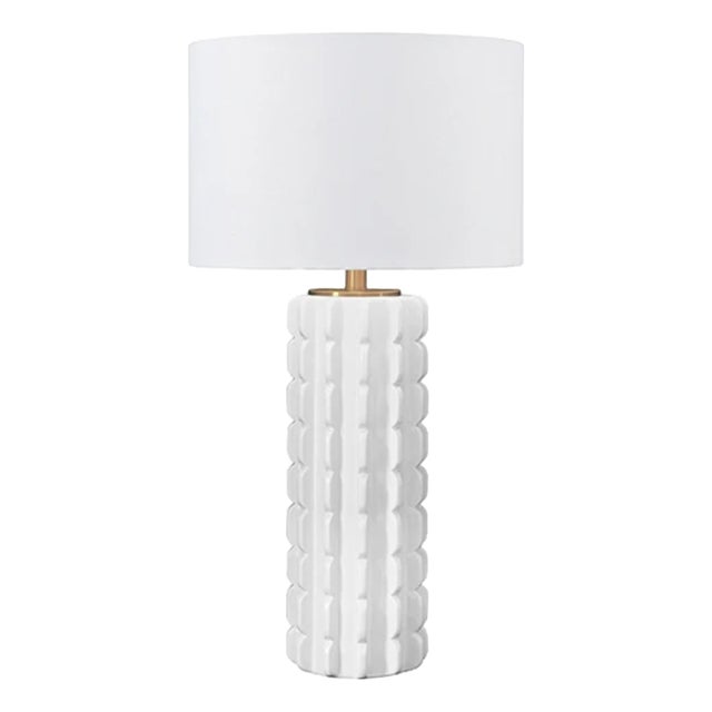 Matthew Izzo Home Cece White Scalloped Ceramic With White Linen Drum Shade For Sale