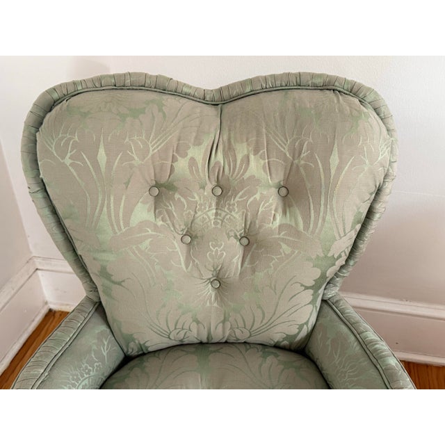 Shabby Chic Petite Ladies Chair in Jacquard Damask Upholstery With Ruffled Skirt For Sale - Image 3 of 11