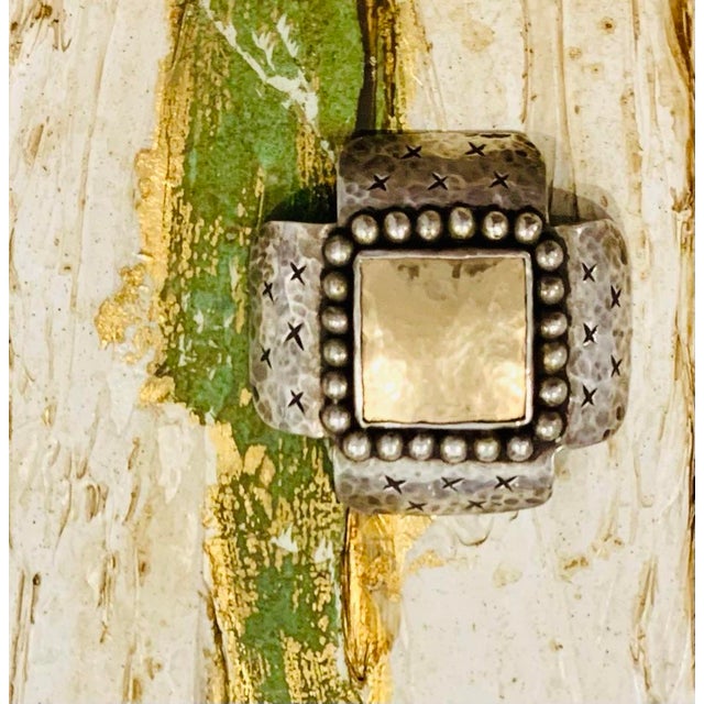 1980s 1980’s Dian Malouf Oxidized Sterling & 14k Gold Hammered ‘Signature’ Cross Pin/Brooch, With Beaded Silver Frame & Incised Cross Pattern For Sale - Image 5 of 12