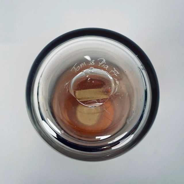 Vintage 1977 Tom & Pia Hand-Blown Amber Art Glass Vase For Sale - Image 4 of 12