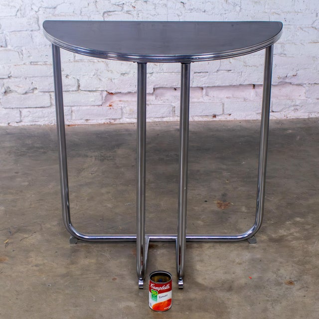 1920-1940’s Art Deco Streamline Moderne Royalchrome Demilune Console Table Chrome Tube Frame & Black Laminate Top For Sale - Image 18 of 18
