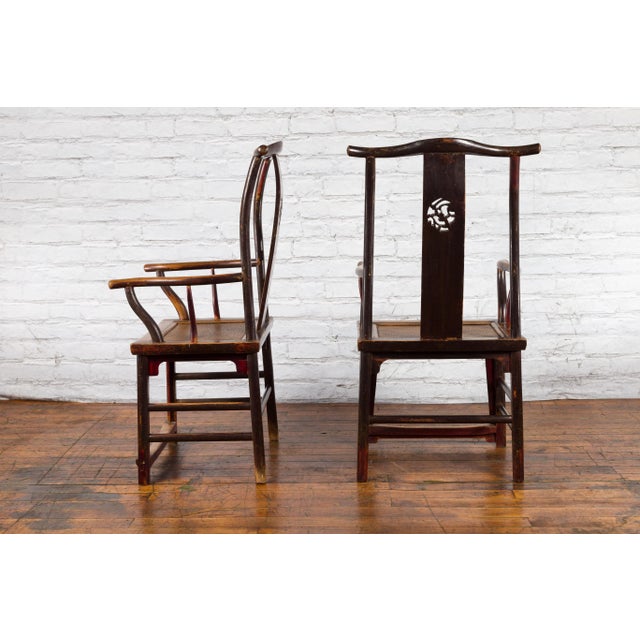 Chinese Qing Dynasty 19th Century Yoke Back Armchairs with Rattan Seats - A Pair For Sale - Image 4 of 13