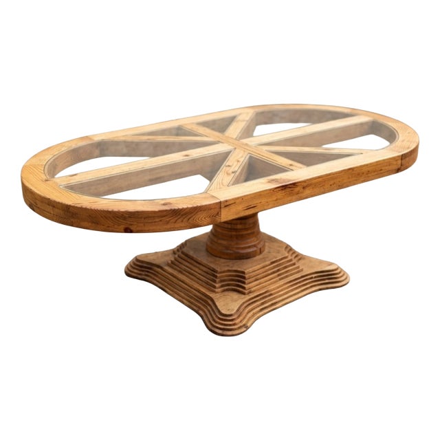Vintage Architectural Oval Table in Wood and Glass, 1970 For Sale