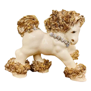 Regal Mid-Century Porcelain Horse Statue Gold Spaghetti Mane Blue Garland Prancing Clydsdale