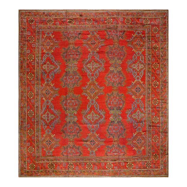 1900s Red Geometric Antique Turkish Oushak Rug 12'1" X 13'9" Handknotted Wool Carpet For Sale