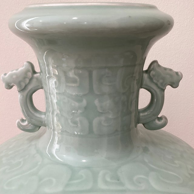 Ceramic Antique Big & Heavy Celadon Glazed Crackle Porcelain Double Ear Vase Marked With Stand For Sale - Image 7 of 12